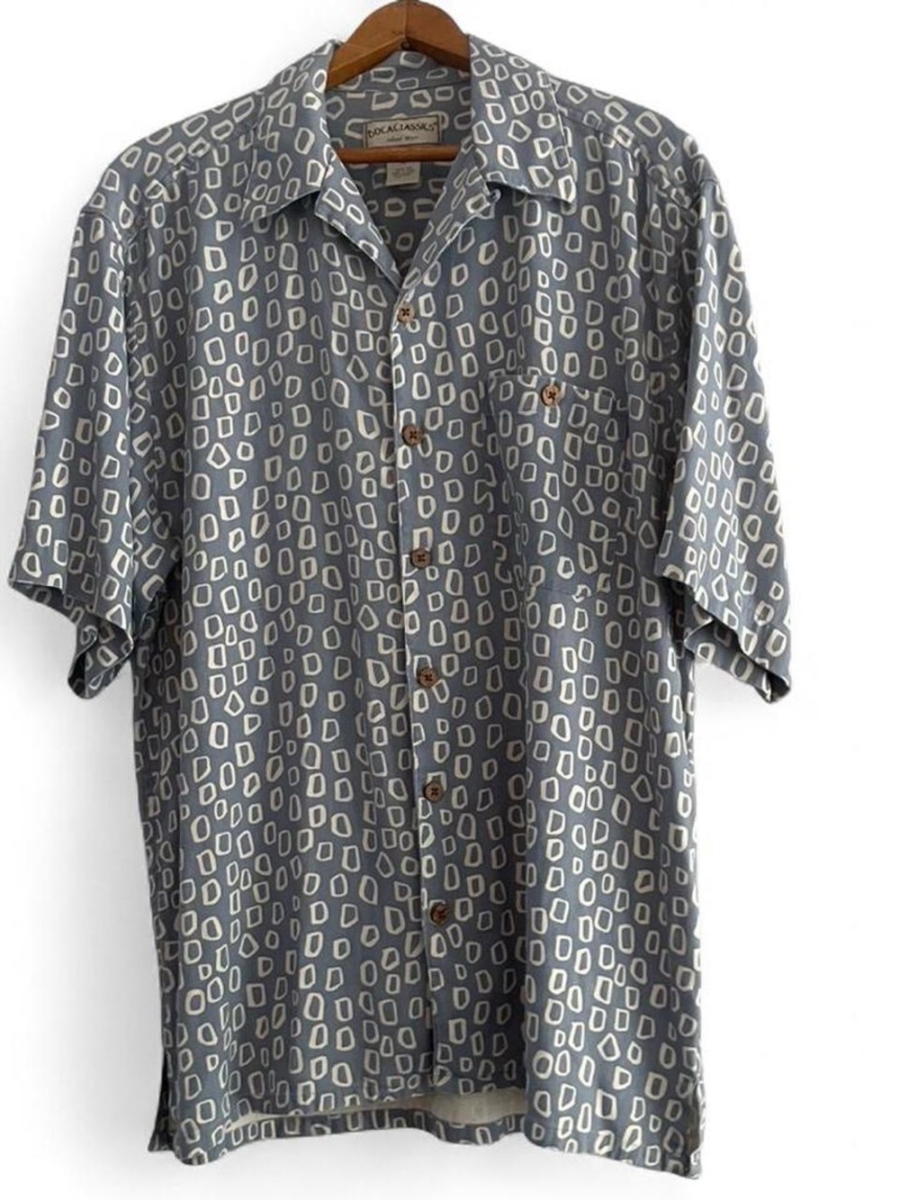 Boca Classics Vintage Men's M 100% Silk Island Wear Blue White Hawaiian Shirt